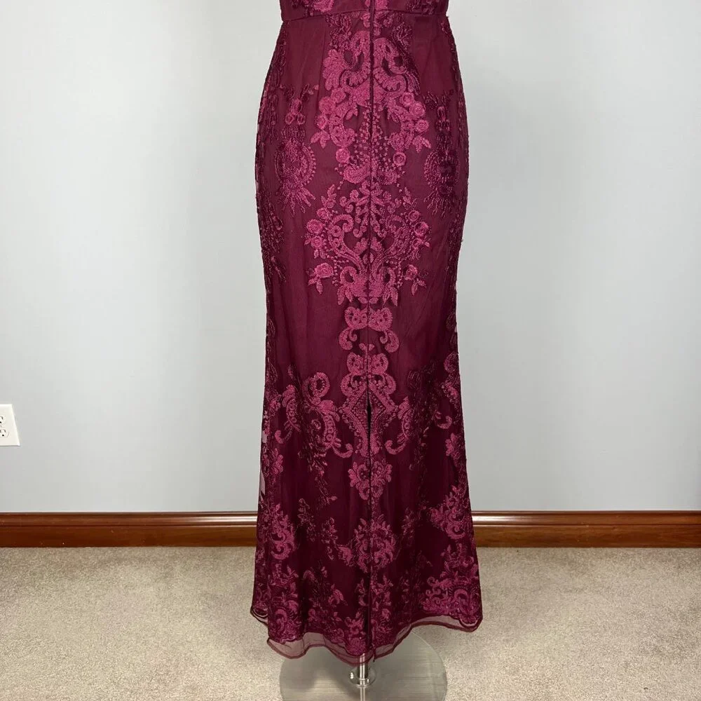 Off-Shoulder Burgundy Lace Maxi Dress - Picture 12 of 16